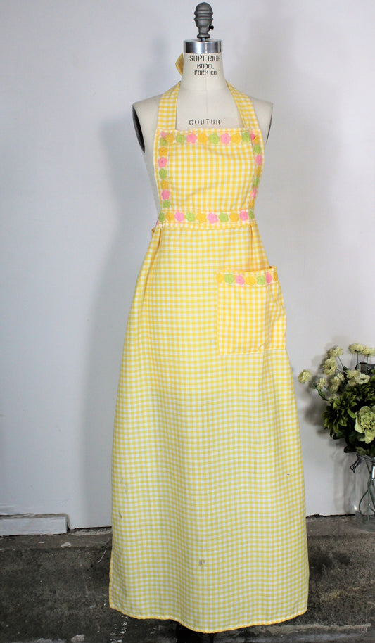 Vintage 1980s Full Cotton Gingham Apron With Floral Trim