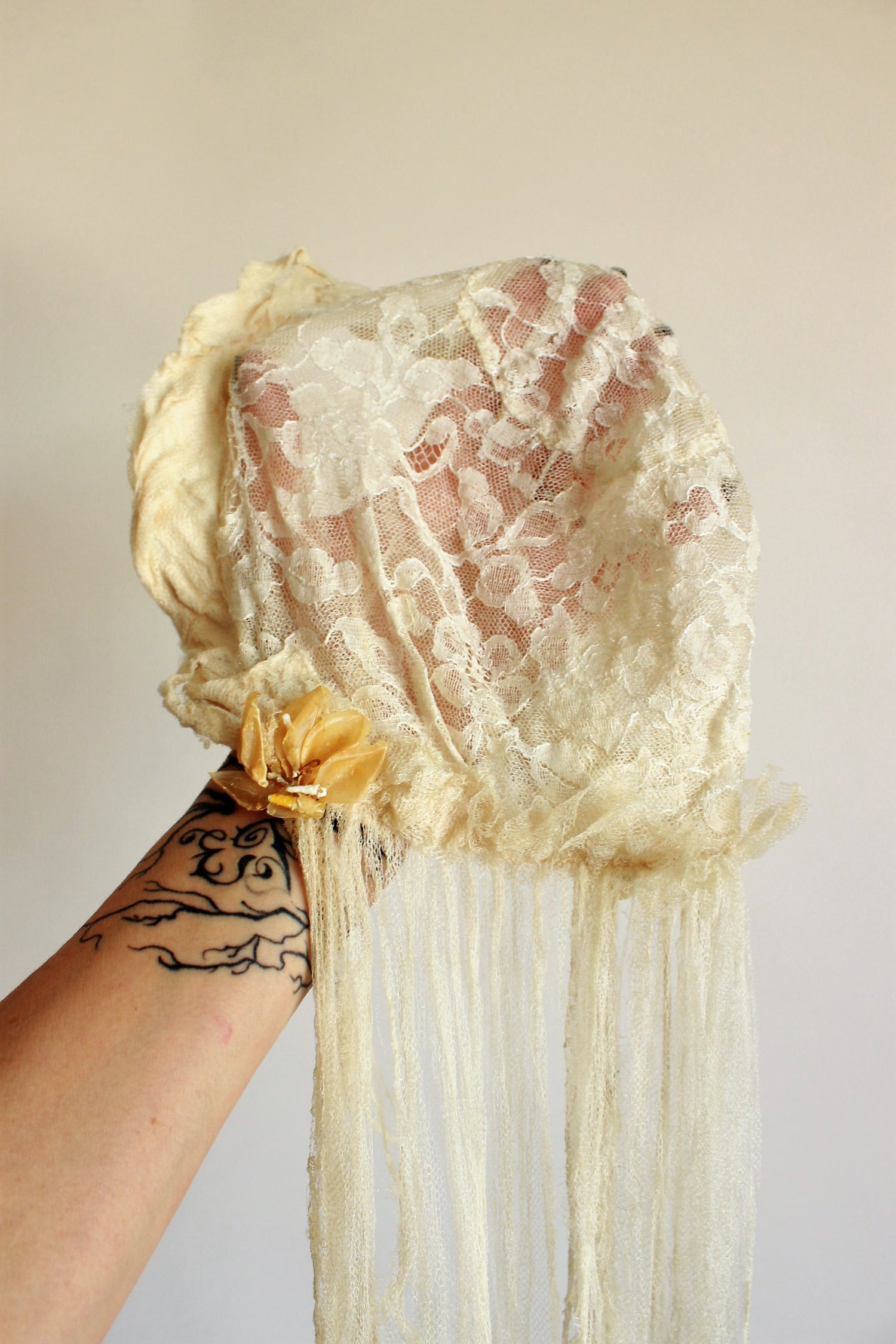 1930s Wedding Veil with Flower Trim and Tattered Lace