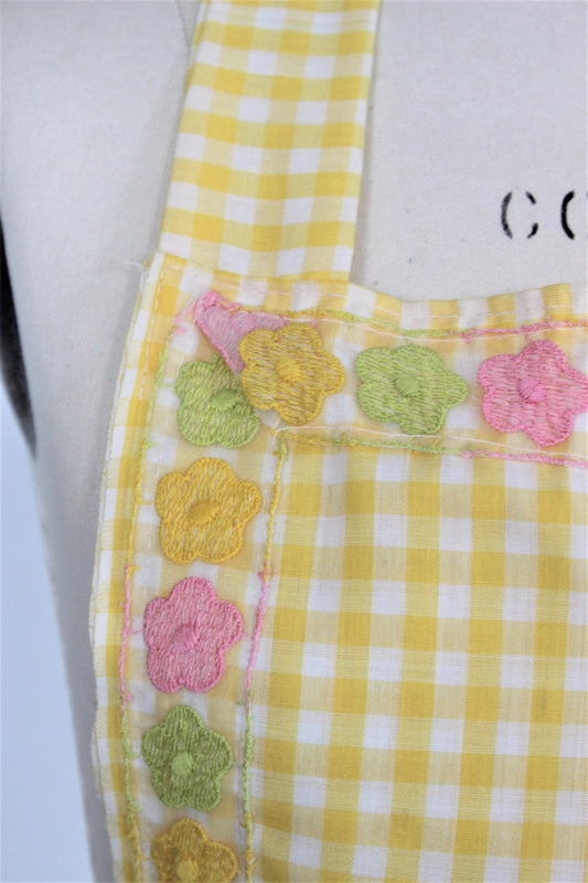 Vintage 1980s Full Cotton Gingham Apron With Floral Trim