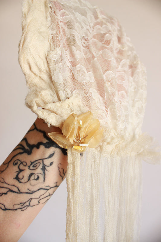 1930s Wedding Veil with Flower Trim and Tattered Lace