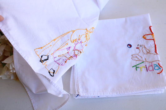 Vintage 1970s Set of Seven White Cotton Napkins Embroidered With the Days of The Week