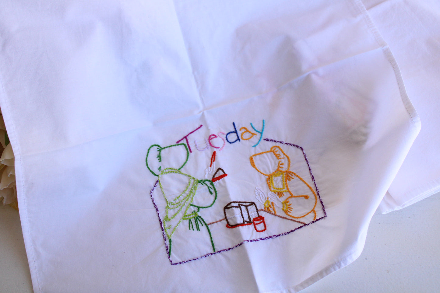 Vintage 1970s Set of Seven White Cotton Napkins Embroidered With the Days of The Week