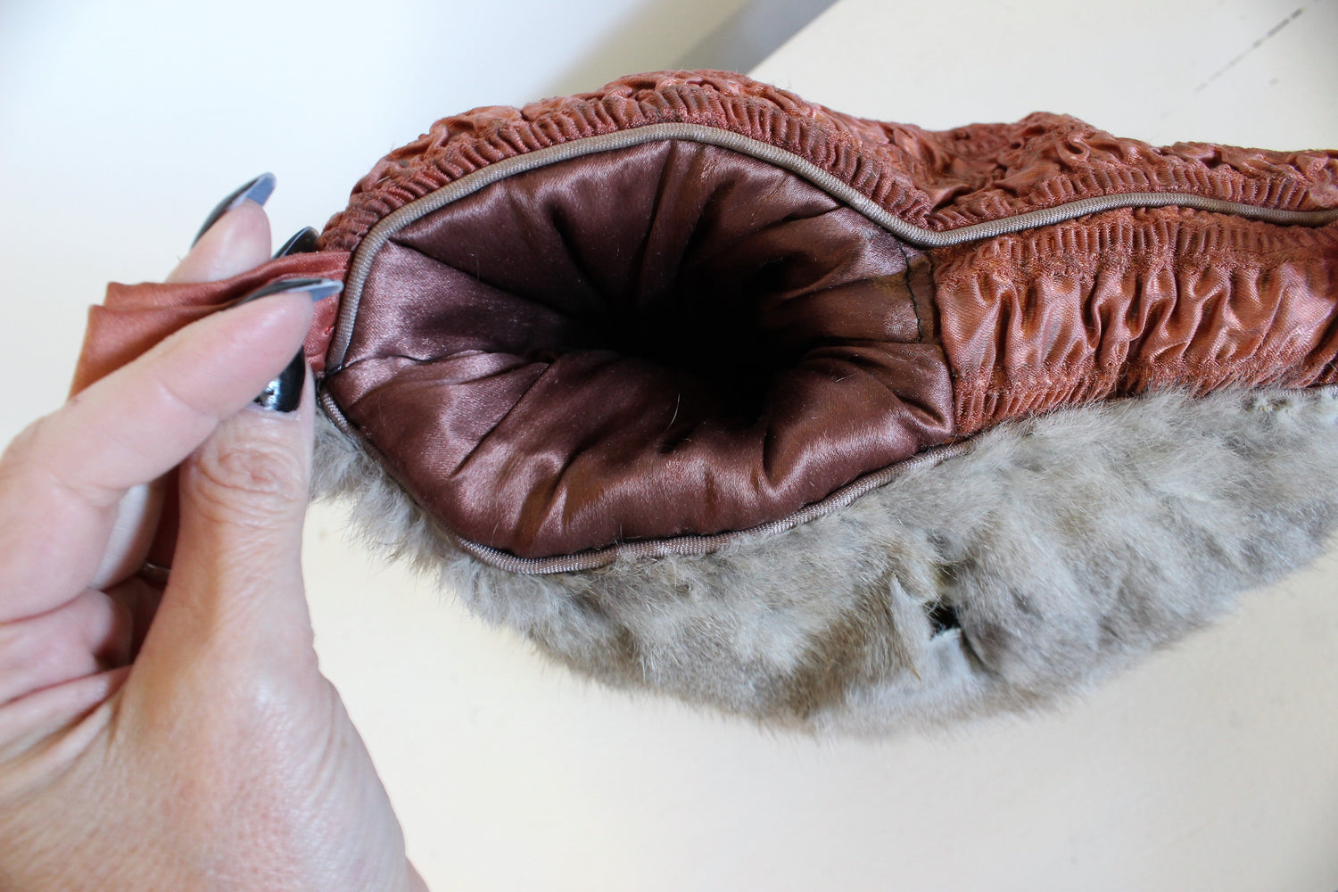Vintage 1940s Satin And Fur Muff With Purse