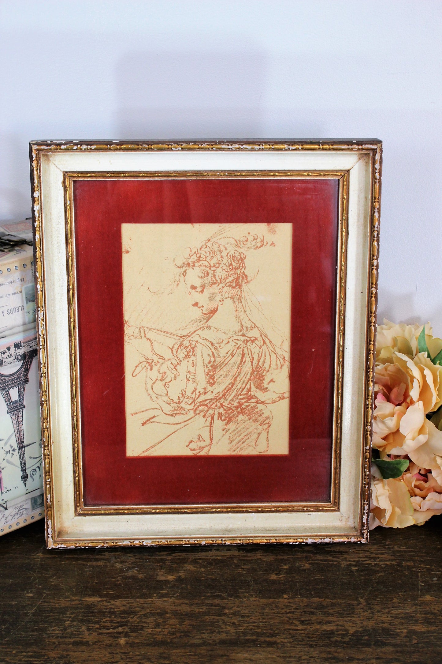 Vintage Midcentury Framed Etching Art Print Portrait Matted in Red Velvet