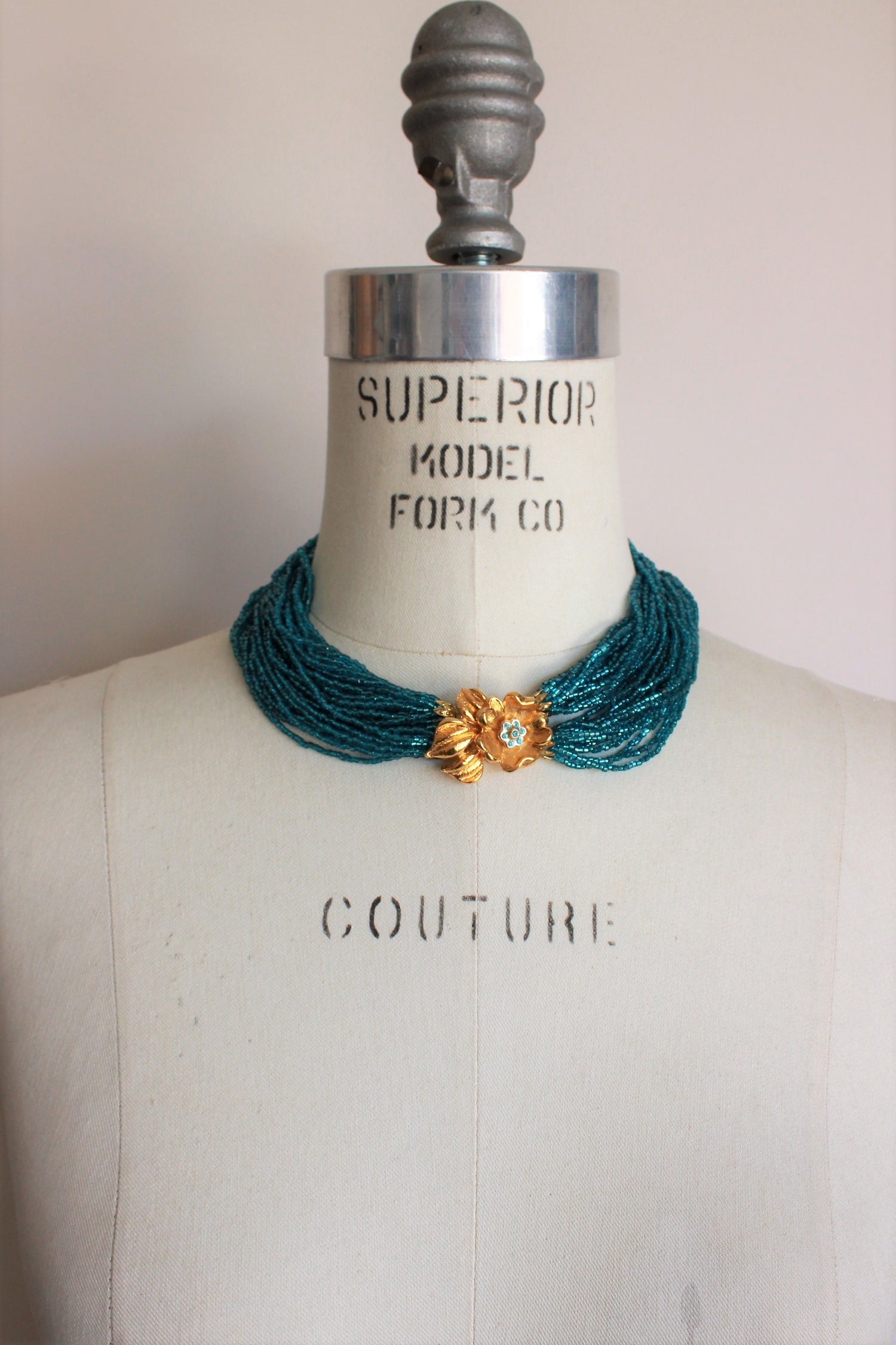 Vintage 1960s Teal Blue Multistrand Necklace With Flower Clasp
