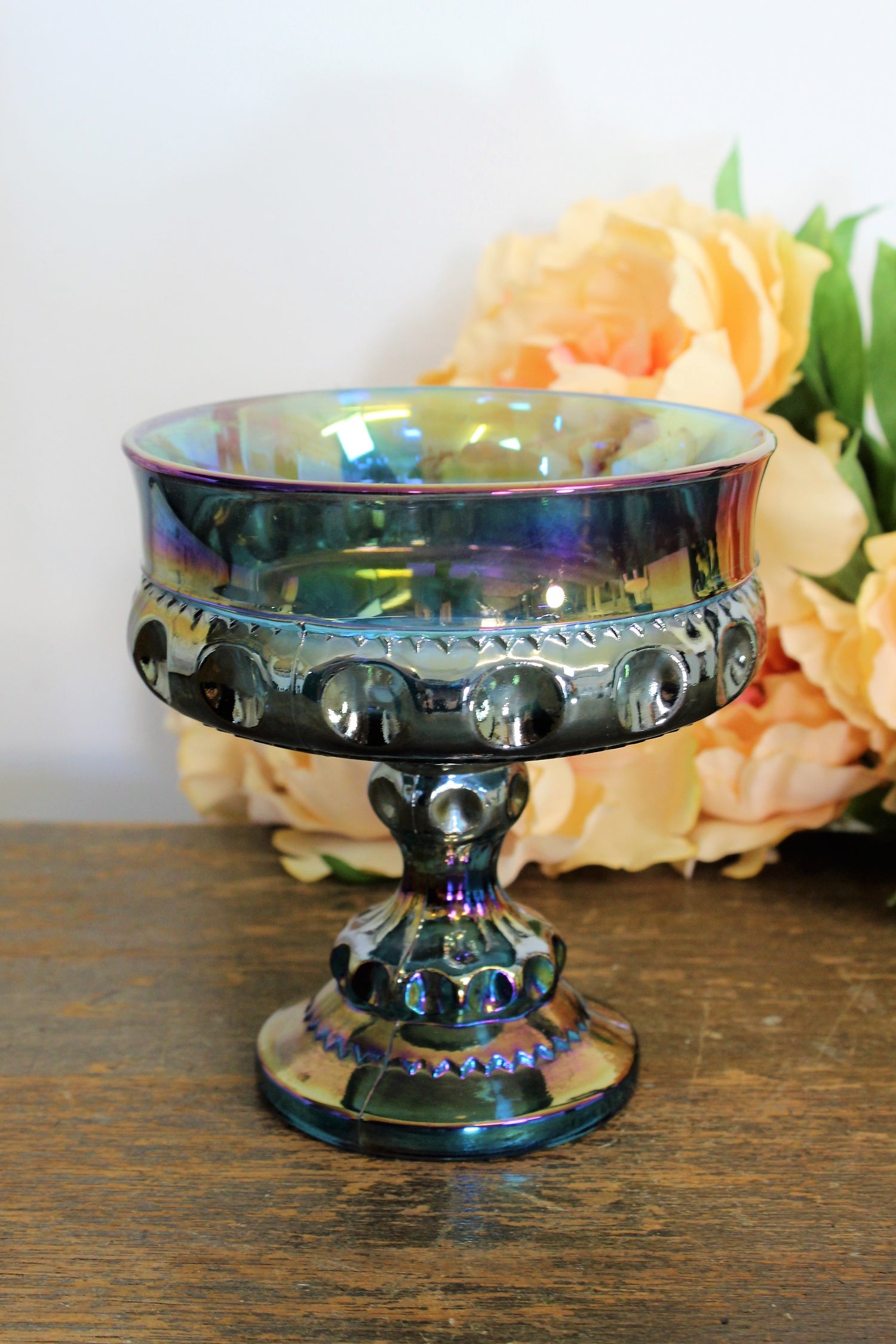 Vintage 1970s Blue Carnival Glass Candy Dish By Indiana Glass
