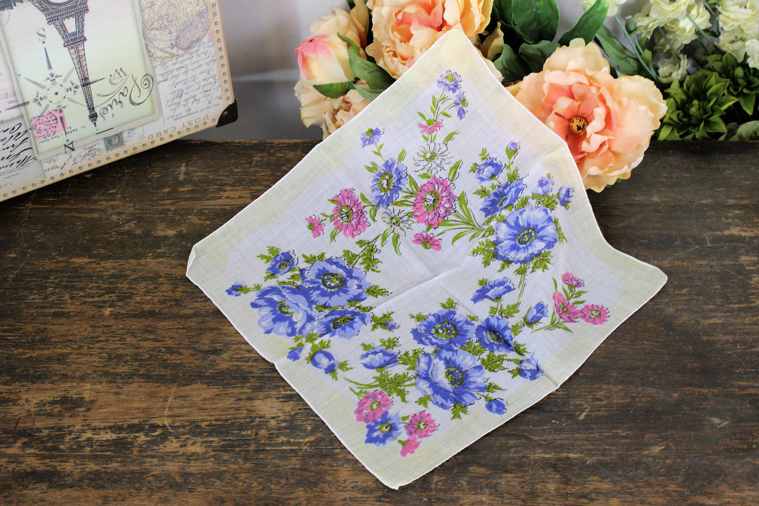 Vintage Cotton Handkerchief Floral Print in Pink and Blue