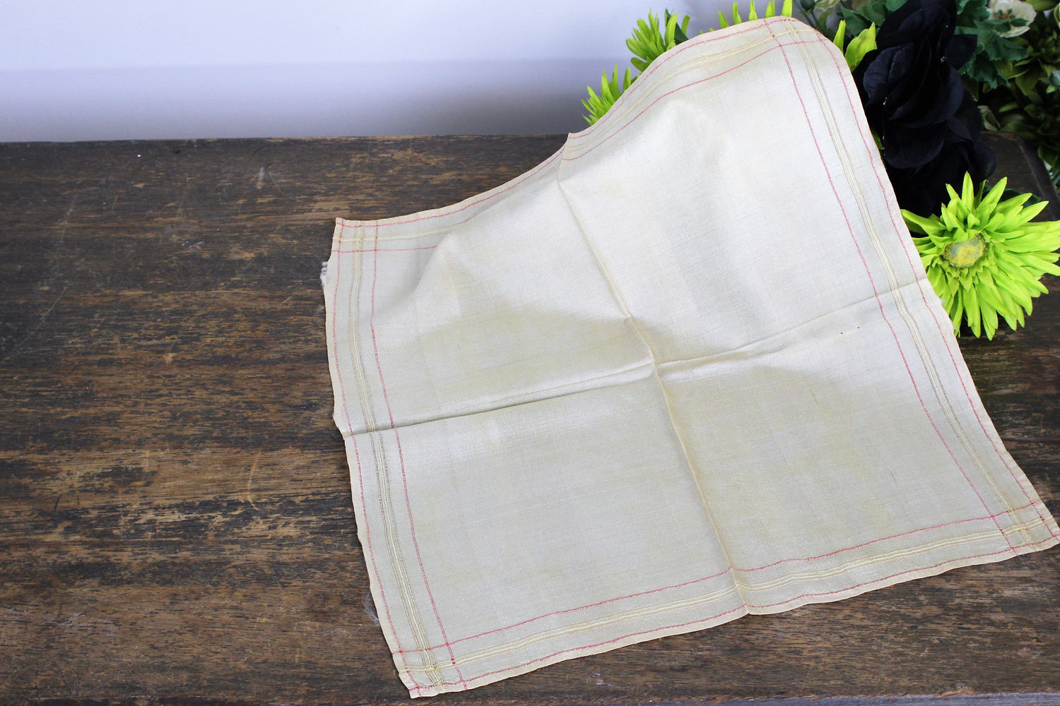 Vintage Ivory Silk Men's Handkerchief With Red And Yellow Trim