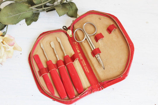 Vintage 1950s Red Leather Manicure Kit, Stellar Deluxe-Toadstool Farm Vintage-accessories,grooming,manicure kit,manicure kit nail care,red leather,stellar deluxe,toiletries,travell set,Vintage,Western Germany