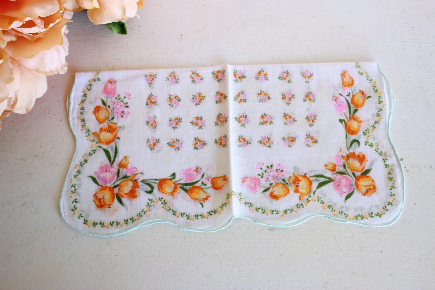 Vintage Pink and Peach Floral Cotton Hanky
