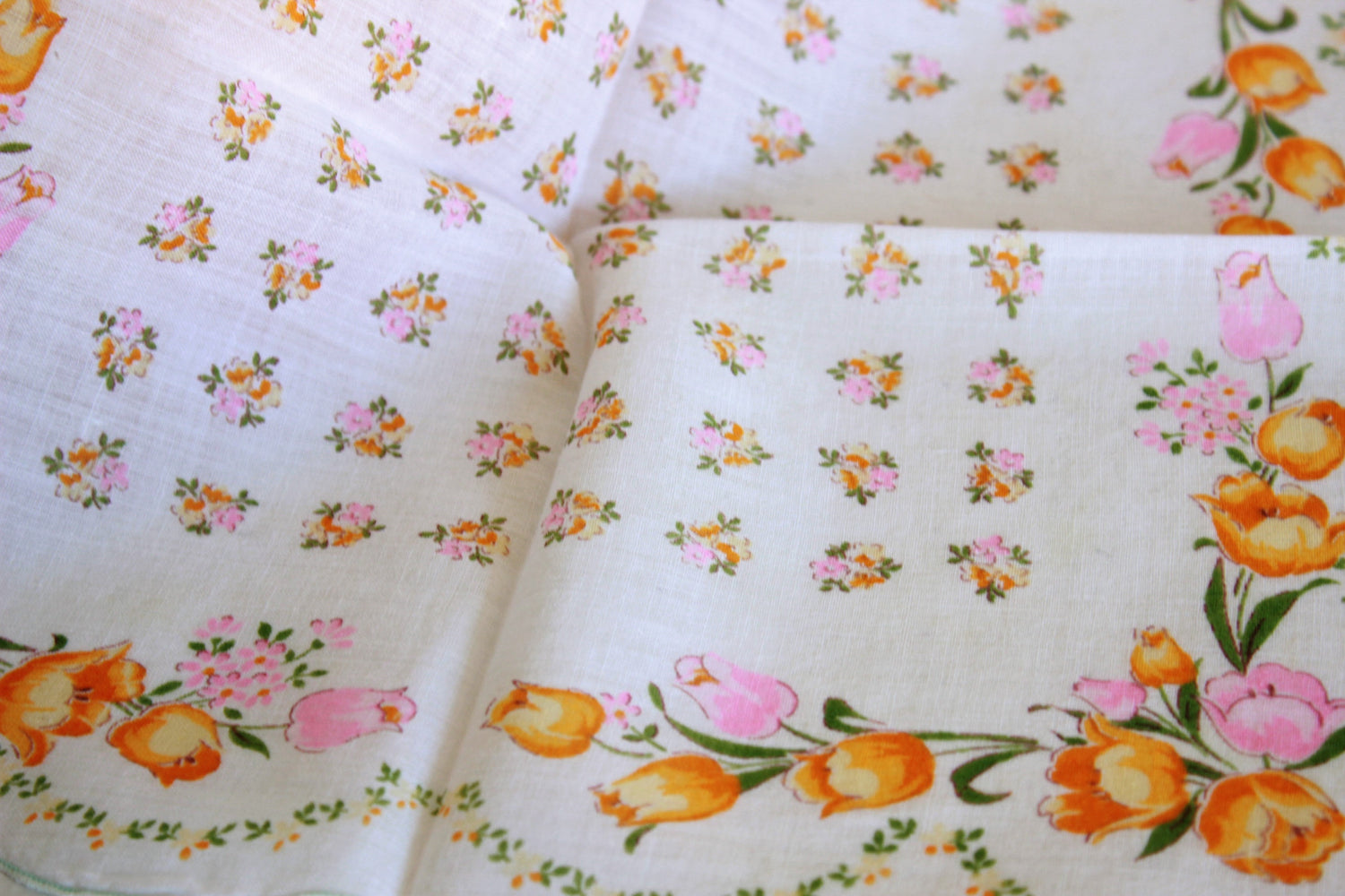 Vintage Pink and Peach Floral Cotton Hanky