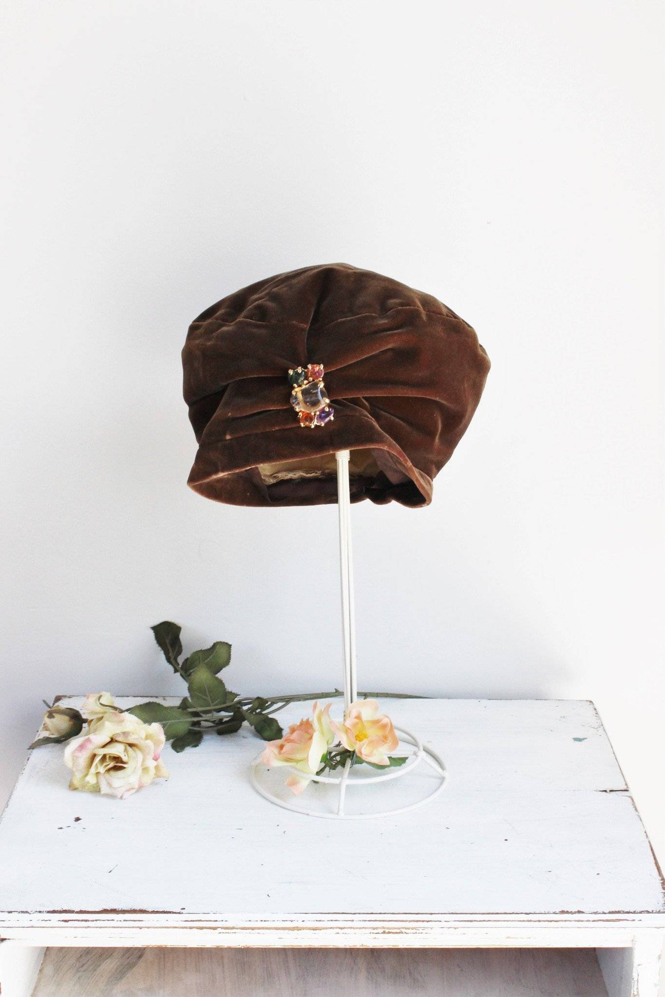 Vintage 1960s Brown Velvet Turban Hat-The Black Velvet Emporium-1960s,accessory,brown velvet,hat,millinery,muffin cap,sluchy,stone broach,turban,Vintage