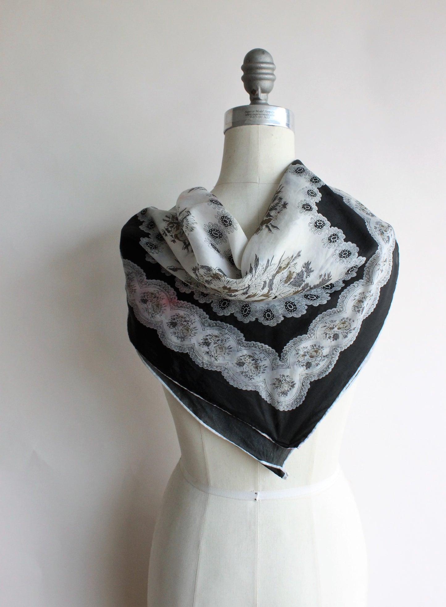 Vintage Black and White Floral Silk Scarf