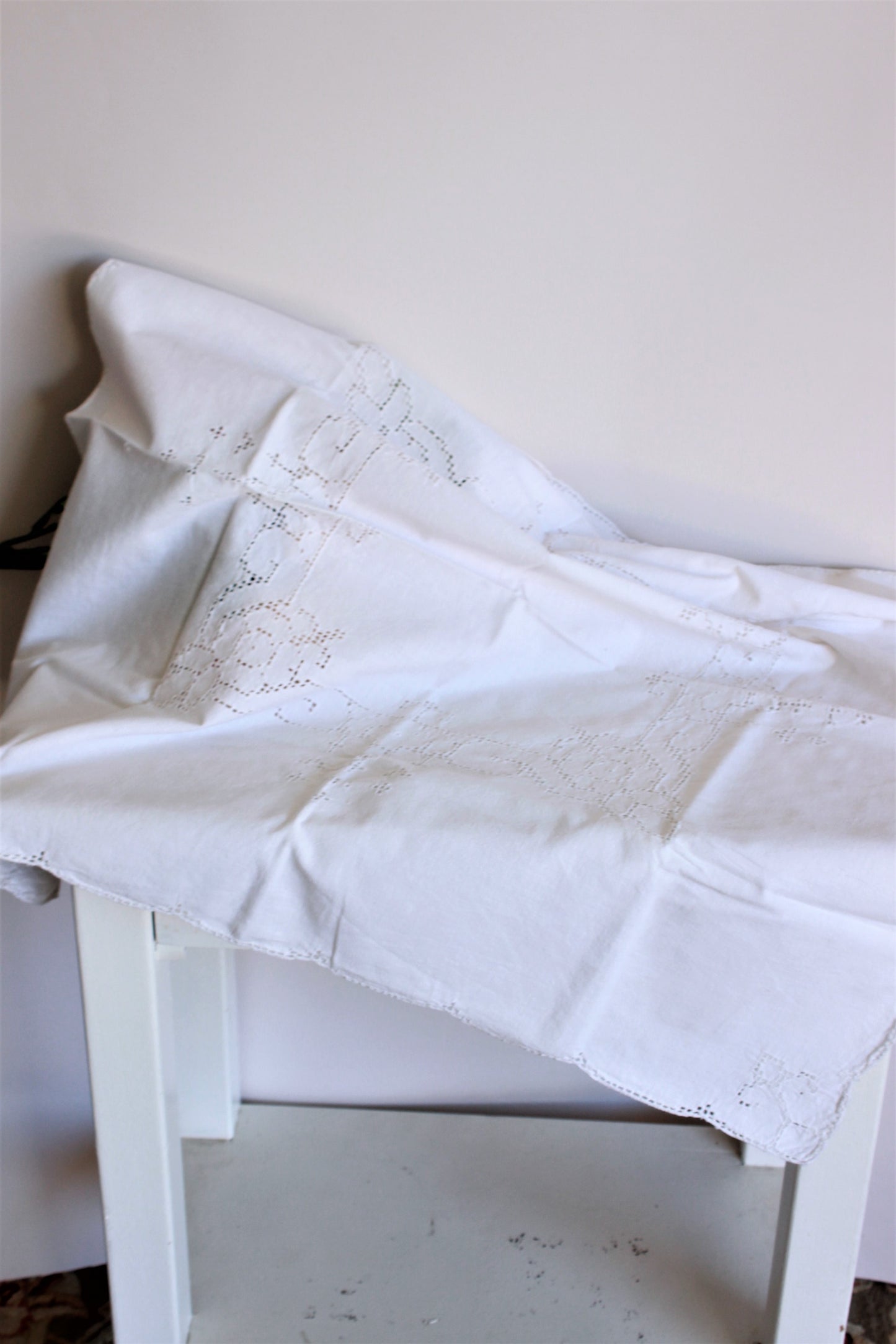 Vintage White Linen Square Tablecloth