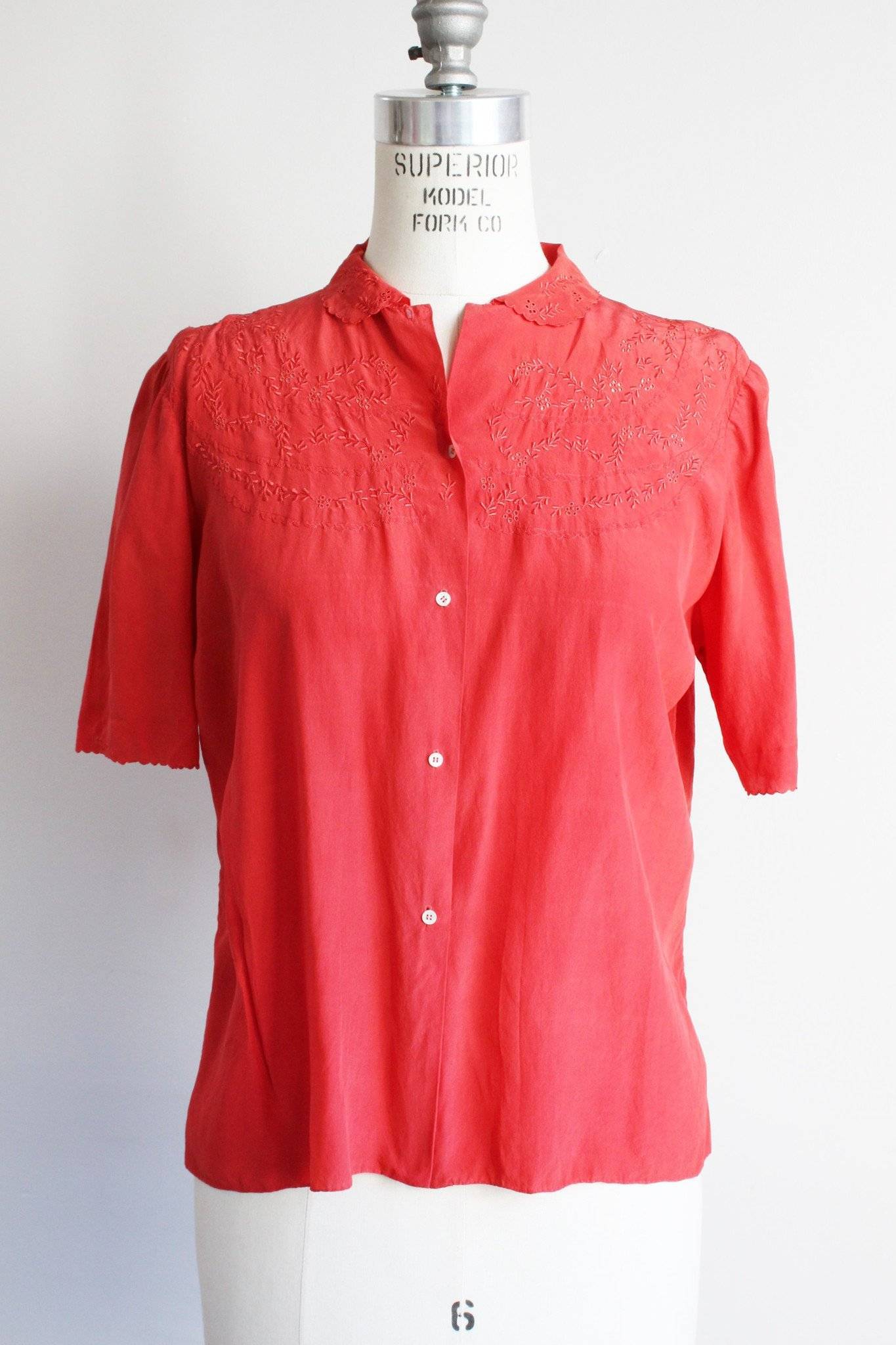 Vintage 1950s Red Silk Embroidered Blouse-Toadstool Farm Vintage-1950s Silk Blouse,50s Top,Casual Wear,Embroidered Blouse,Peter Pan Collar,Red Silk,Vintage,Vintage Clothing