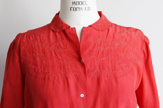 Vintage 1950s Red Silk Embroidered Blouse-Toadstool Farm Vintage-1950s Silk Blouse,50s Top,Casual Wear,Embroidered Blouse,Peter Pan Collar,Red Silk,Vintage,Vintage Clothing