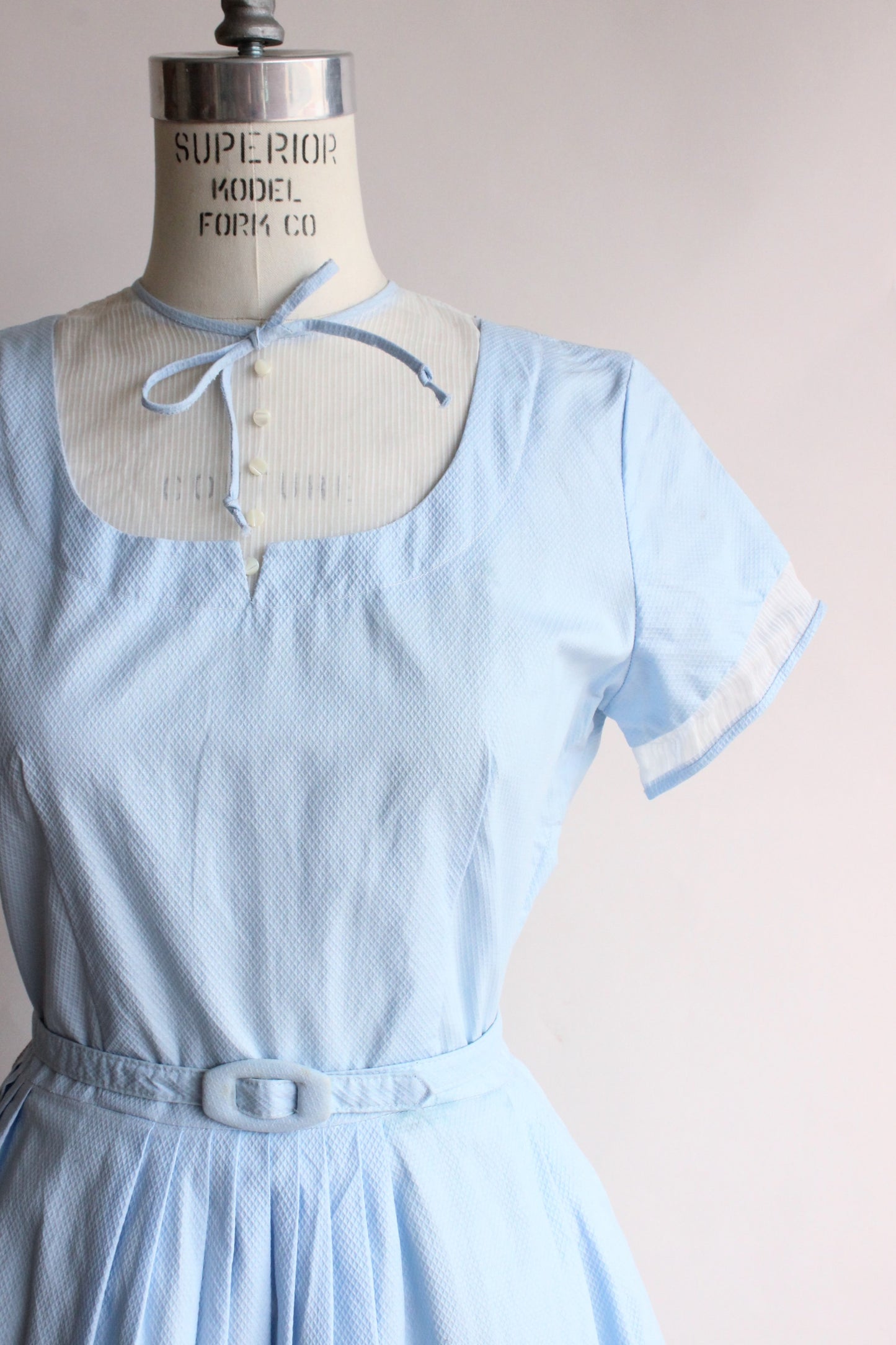 Vintage 1950s Blue Cotton Dress with White Panel