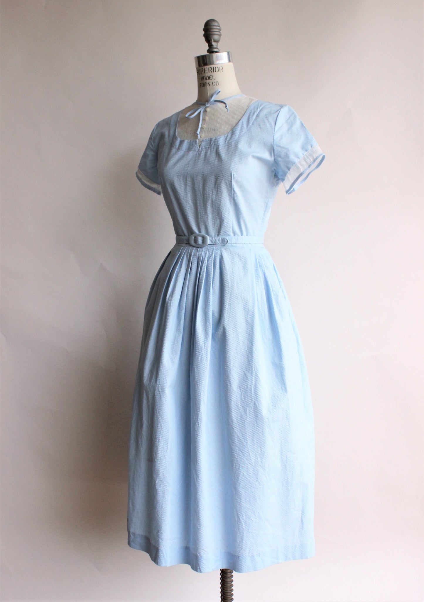 Vintage 1950s Blue Cotton Dress with White Panel
