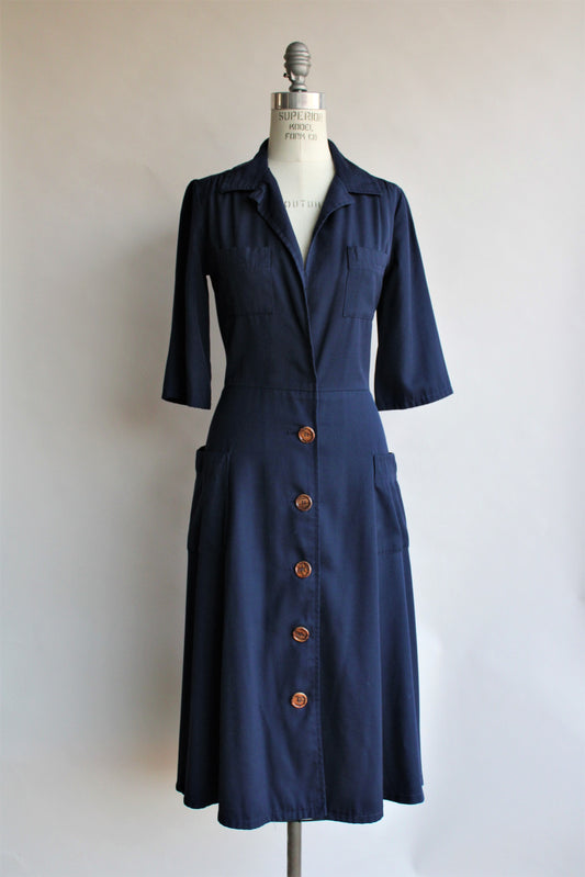 Vintage 1980s Does 1940s Navy Blue Dress