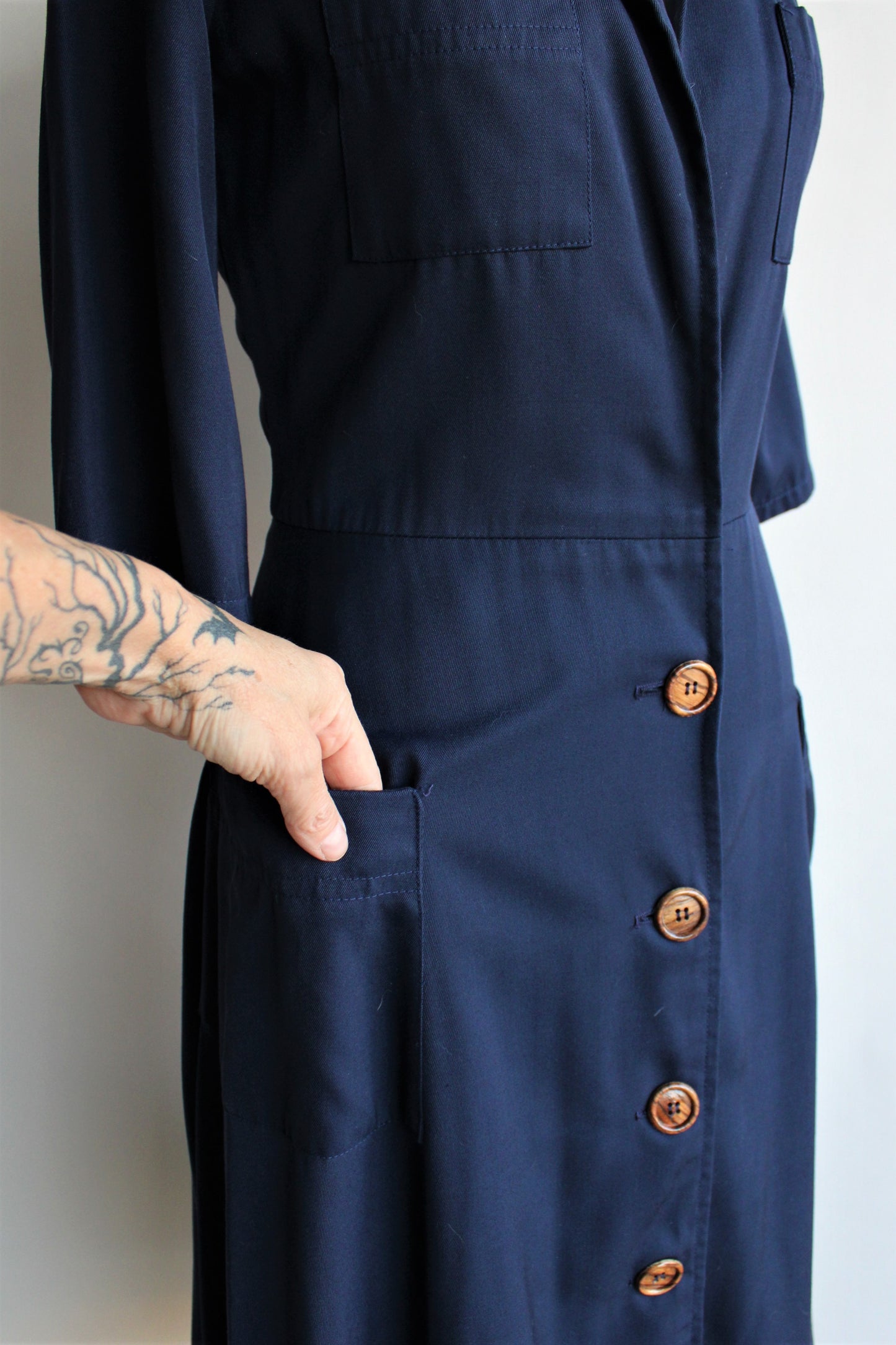 Vintage 1980s Does 1940s Navy Blue Dress