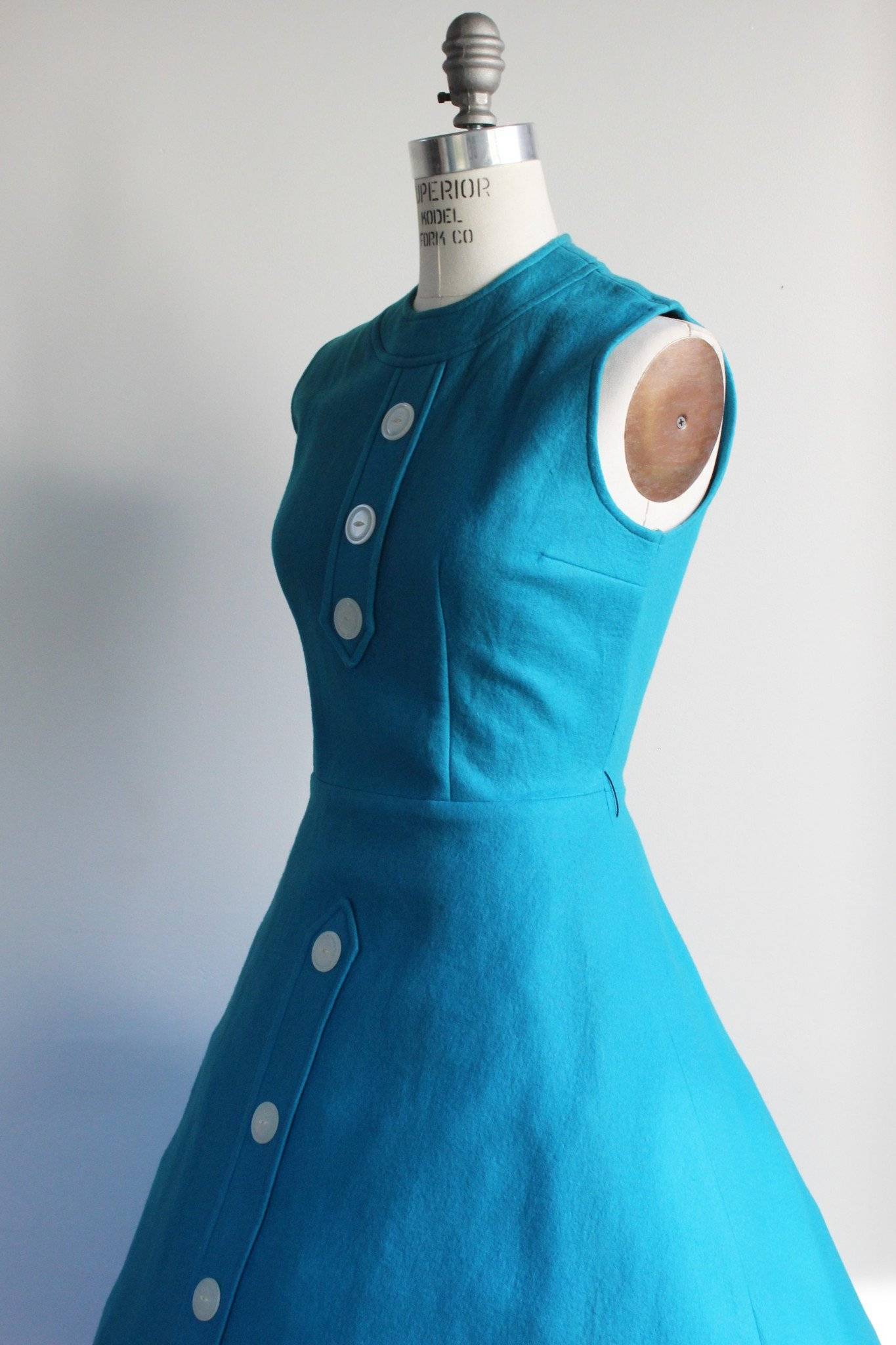 Vintage 1960s Blue Felt Dress With Oversize Buttons-Toadstool Farm Vintage-1950s,50s,Blue,Circle Skirt,Clothing,Dress,Felt,Fit And Flare,Full Circle,New Look,Peacock,Vintage