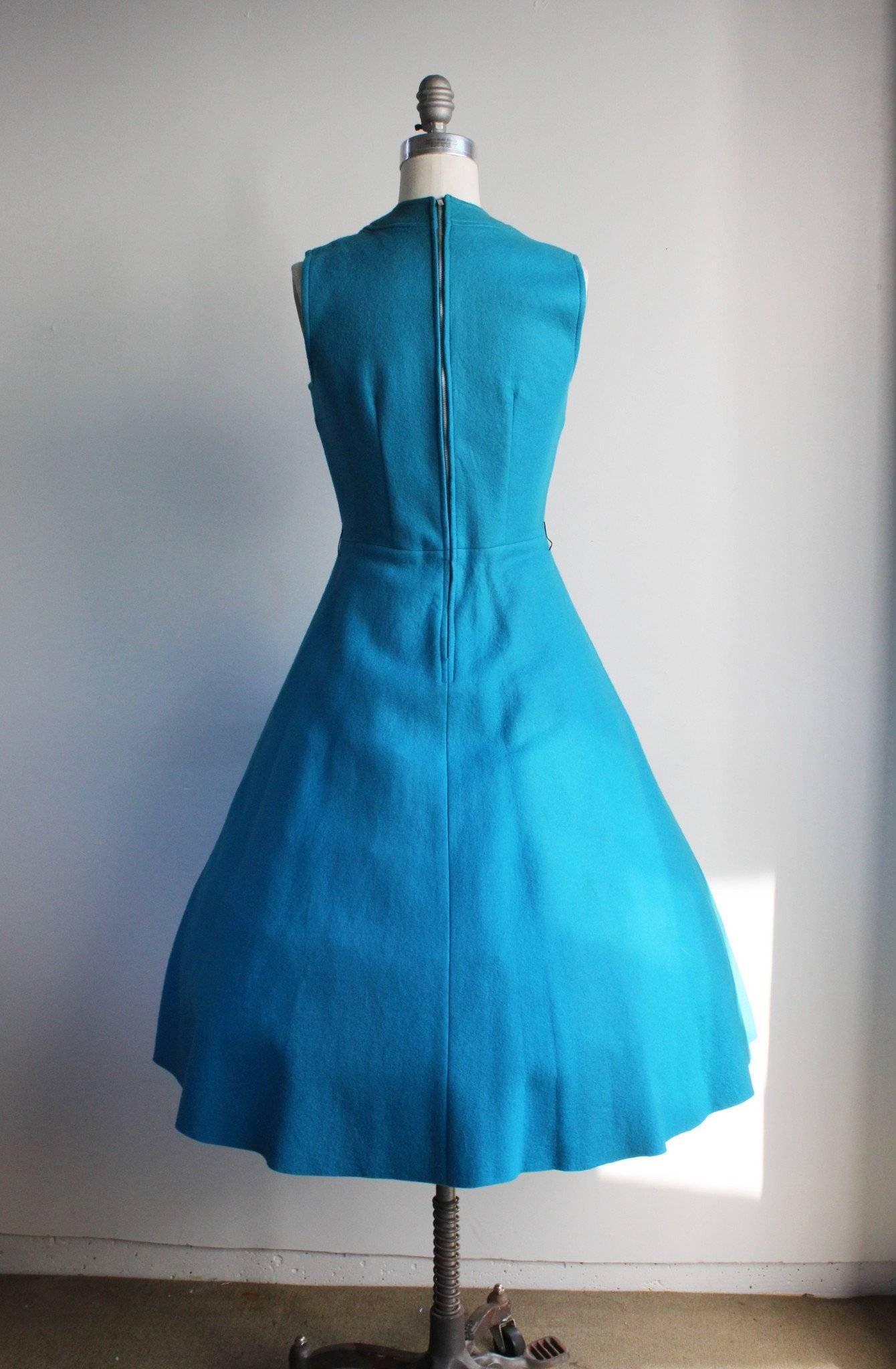 Vintage 1960s Blue Felt Dress With Oversize Buttons-Toadstool Farm Vintage-1950s,50s,Blue,Circle Skirt,Clothing,Dress,Felt,Fit And Flare,Full Circle,New Look,Peacock,Vintage