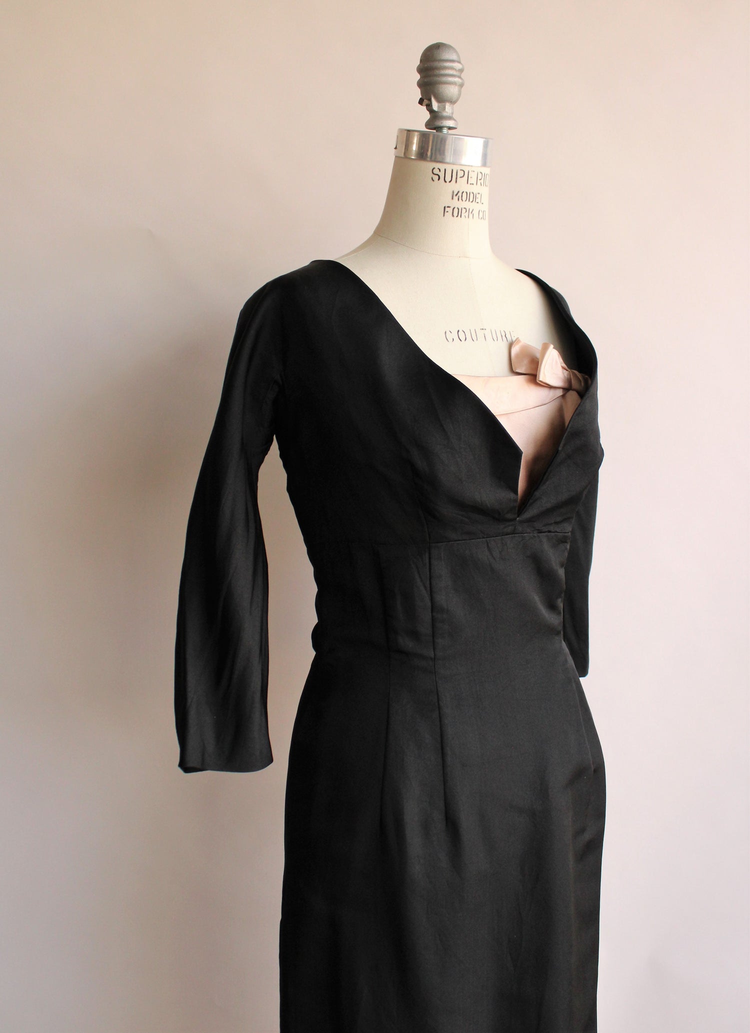 Vintage 1950s Black Silk Taffeta Cocktail Dress With Pink Silk Corset