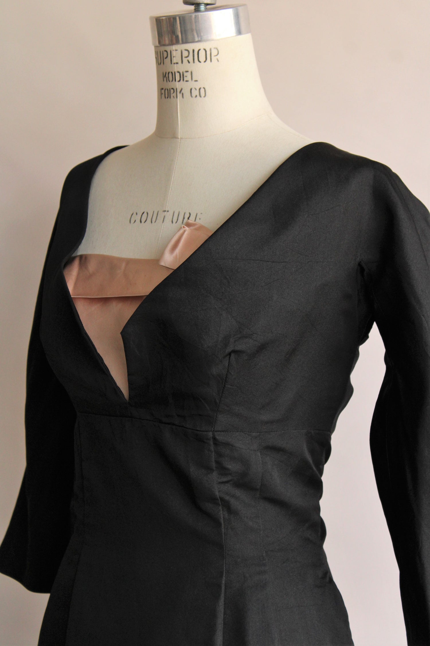 Vintage 1950s Black Silk Taffeta Cocktail Dress With Pink Silk Corset