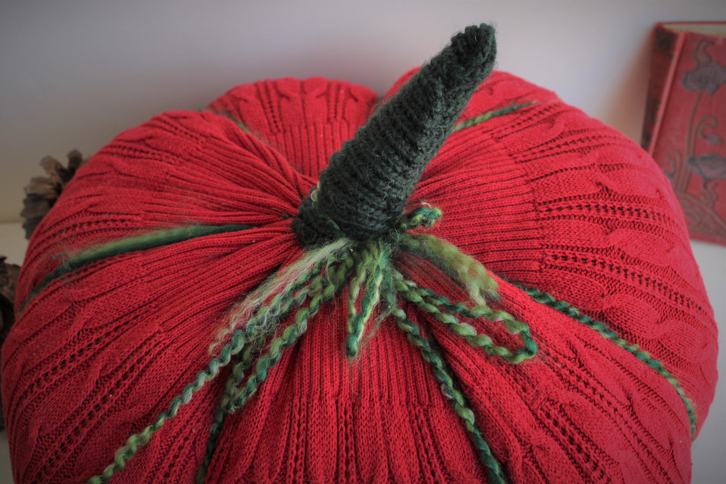 Knit Pumpkin Pillow Pouf of Holiday Red and Green