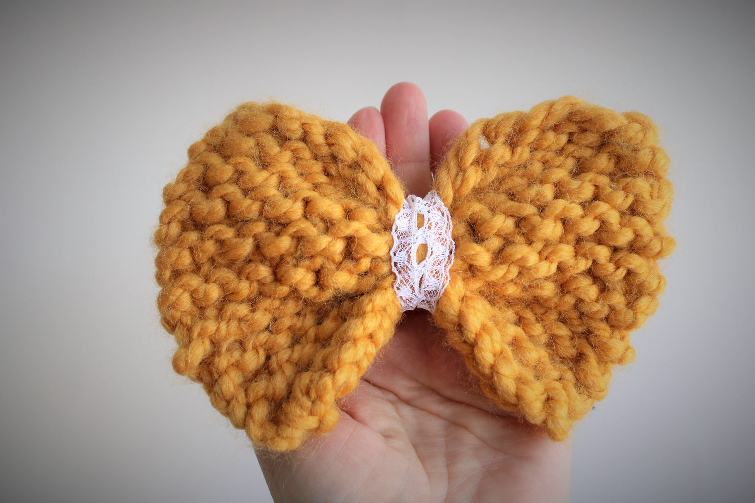 Handknit "Marigold" Yellow Hair Bow with Vintage Lace