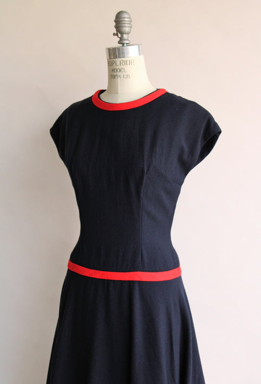 Vintage 1950s 1960s Navy Blue Wool Dress