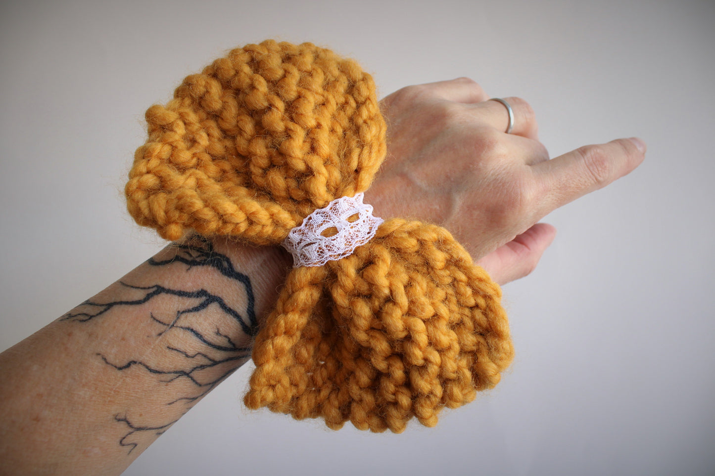 Handknit "Marigold" Yellow Hair Bow with Vintage Lace