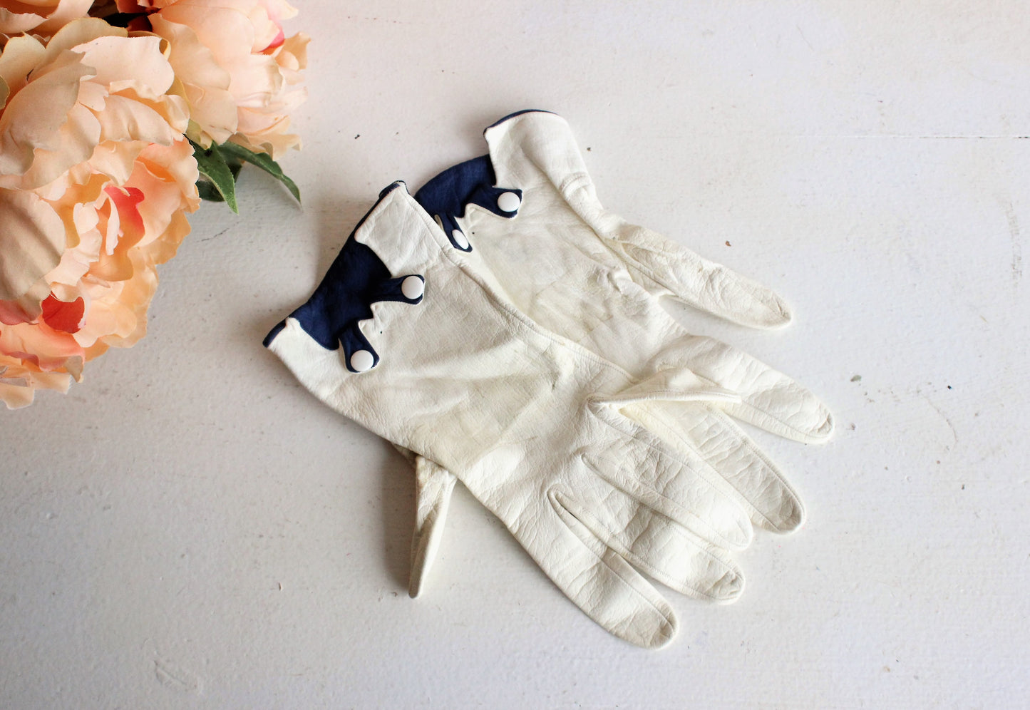 Vintage Kid Leather Gloves, White with Blue Trim and Buttons