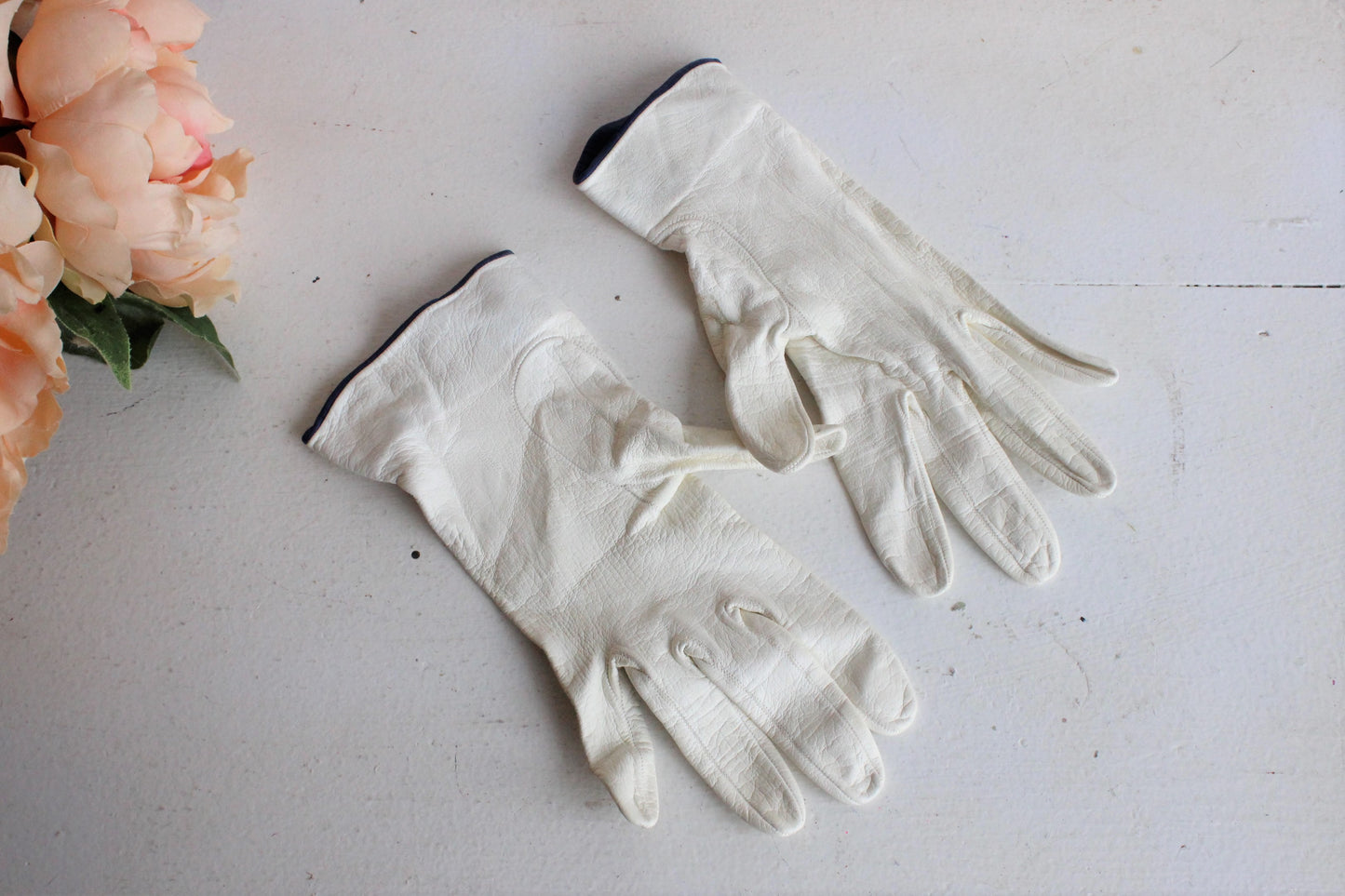 Vintage Kid Leather Gloves, White with Blue Trim and Buttons