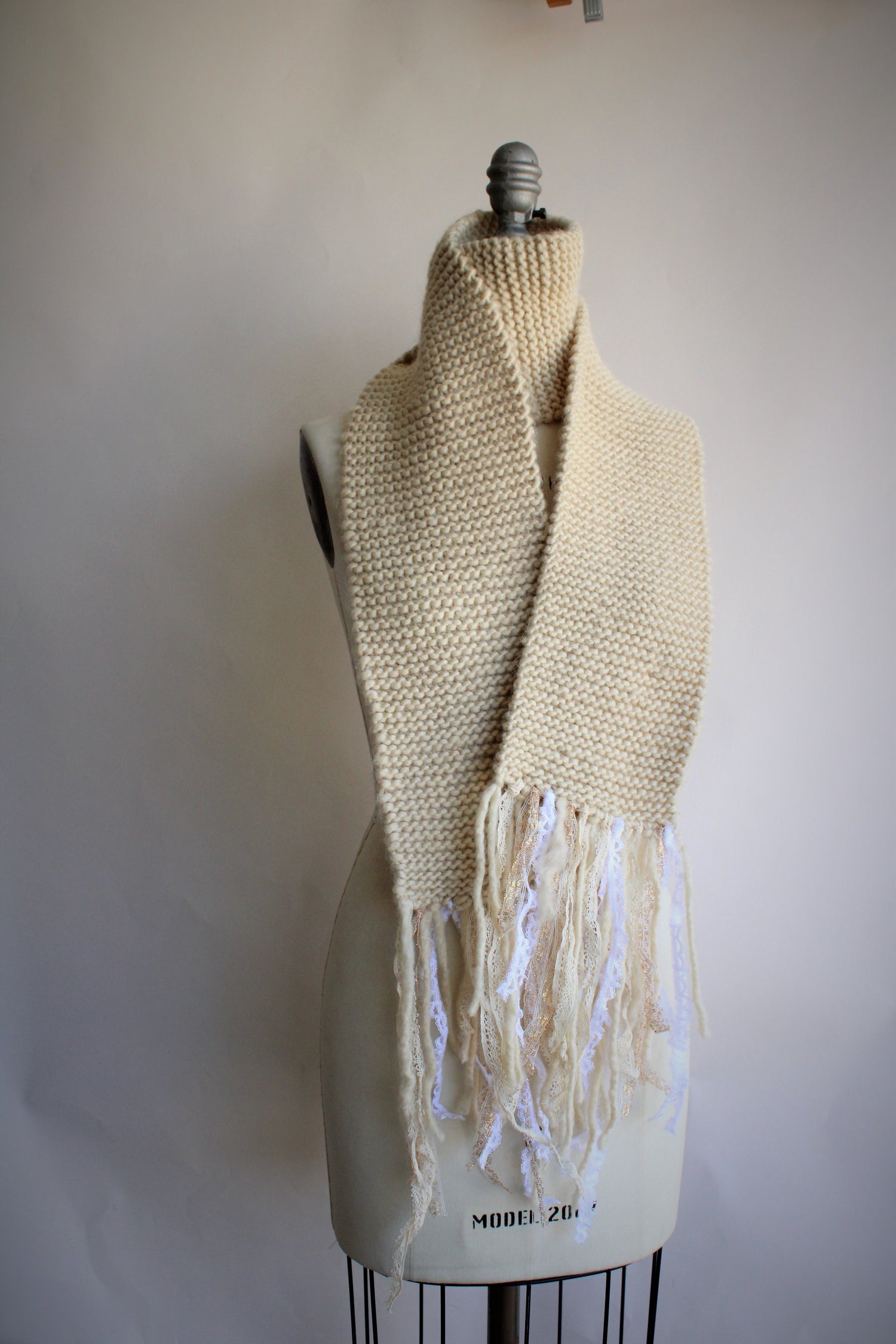 The "Fawn" Cream Knit Scarf with Vintage Lace Fringe