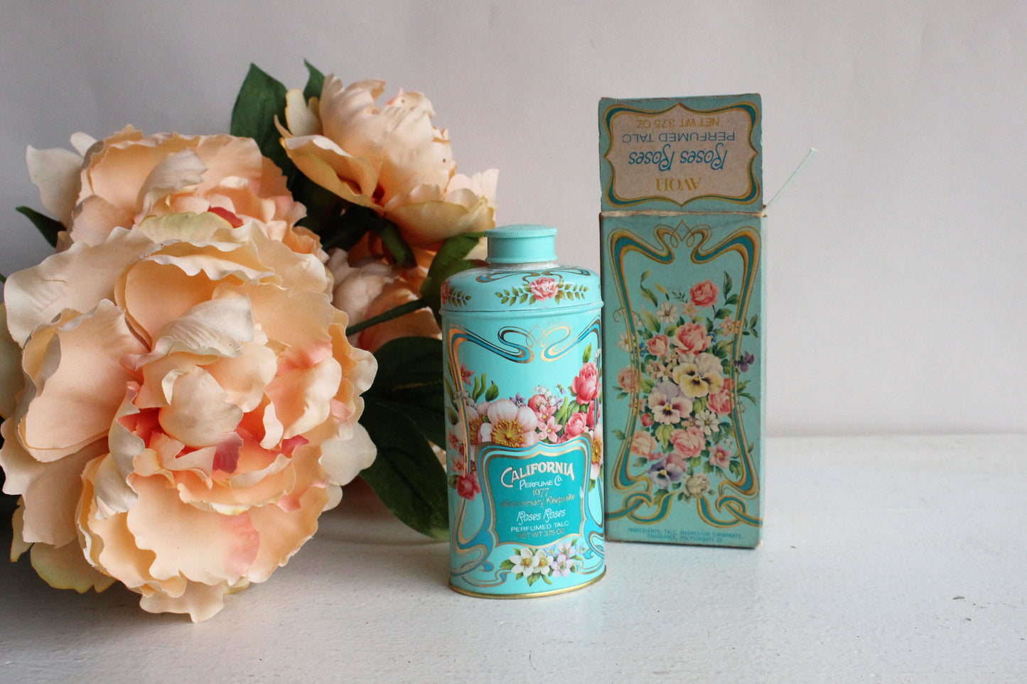 Vintage 1970s Avon California Roses Roses Perfumed Talc Powder Tin with Box