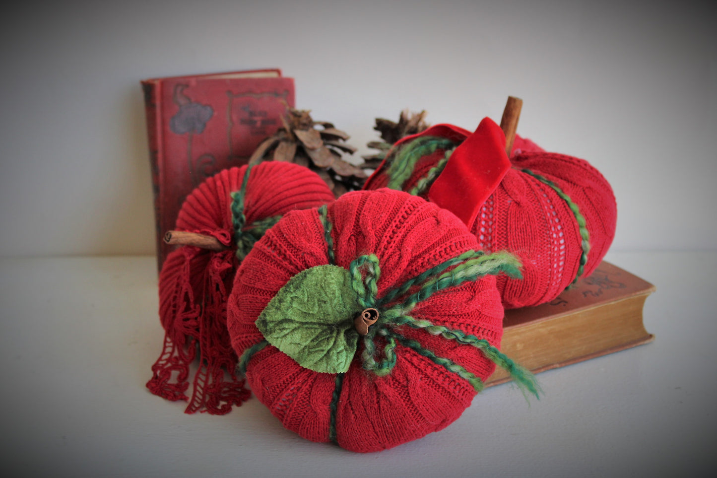  Holiday Pumpkin Pillow Red and Green With Vintage Velvet Leaf and Cinnamon Stick Stem