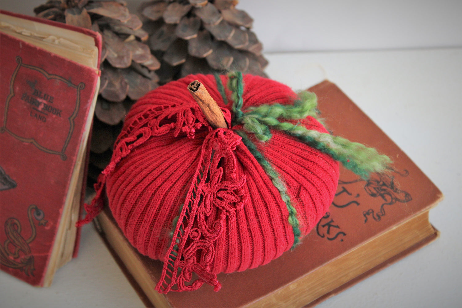 Holiday Pumpkin Pillow Pouf With Vintage Red Lace with Cinnamon Stick Stem