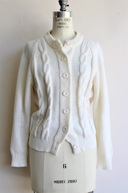 Vintage 1960s 1970s White Cable Knit Cardigan