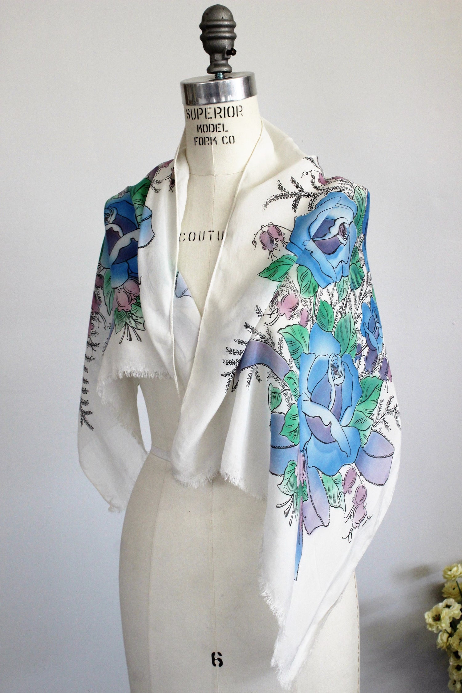 Vintage 1950s Scarf With Blue Roses