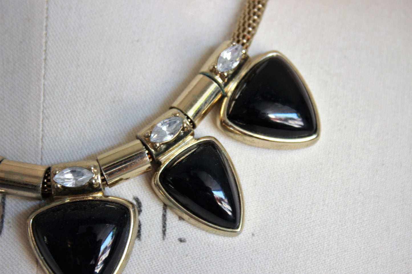 Vintage 1990s Black Glass, Rhinestones, and Snake Chain Necklace