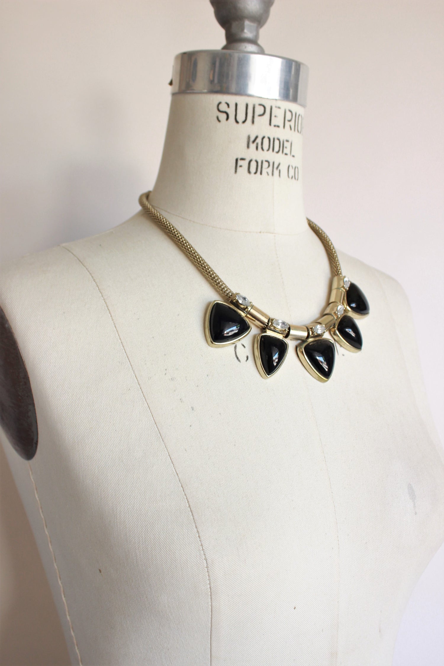 Vintage 1990s Black Glass, Rhinestones, and Snake Chain Necklace