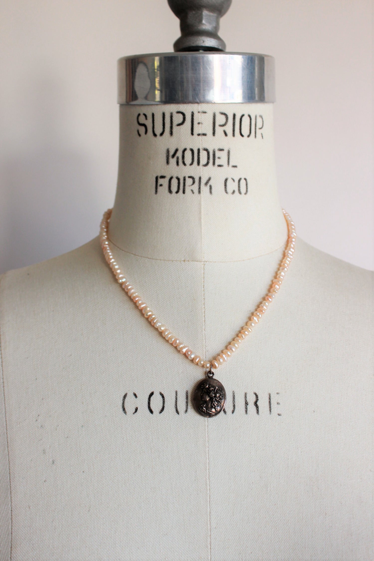 Vintage Pink Seed Pearl Necklace With Cameo