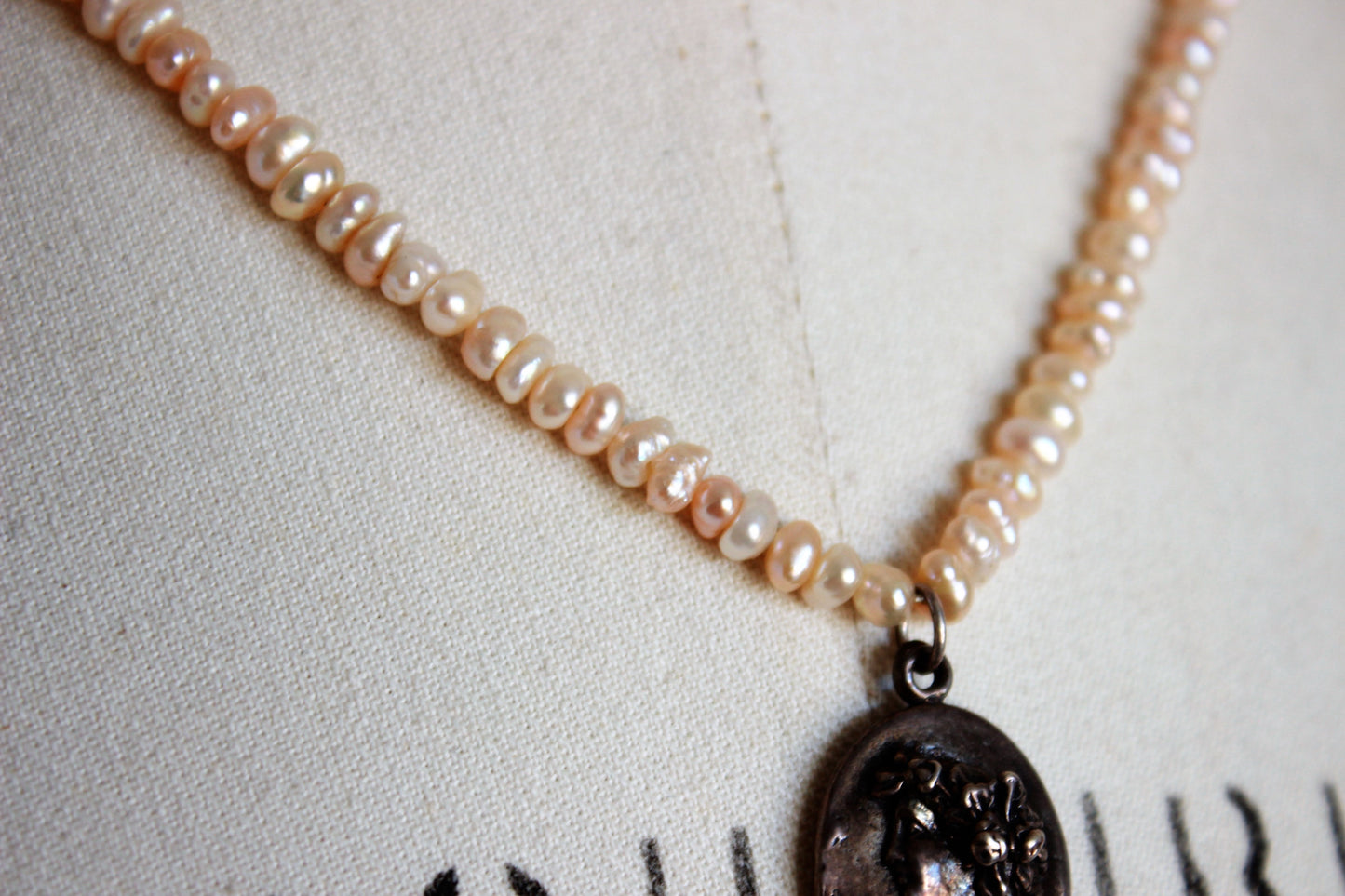 Vintage Pink Seed Pearl Necklace With Cameo