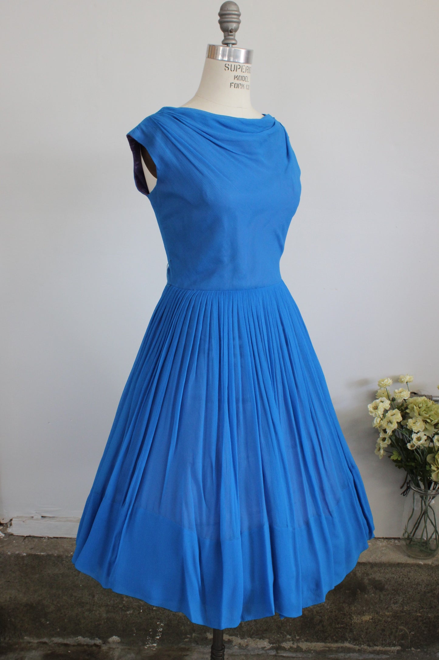 Vintage 1950s New Look Party Dress Blue Chiffon / Elinor Gay
