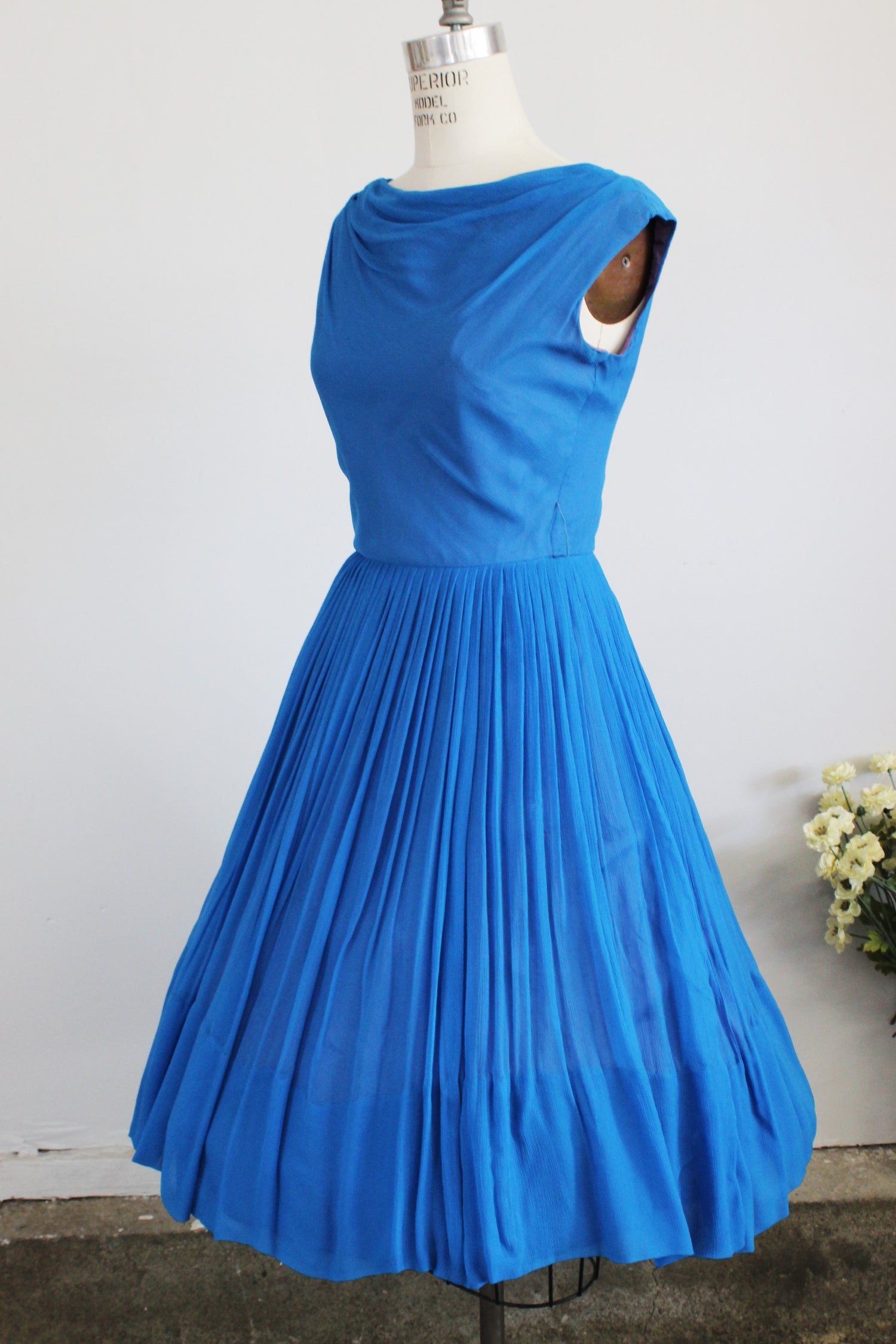 Vintage 1950s New Look Party Dress Blue Chiffon / Elinor Gay