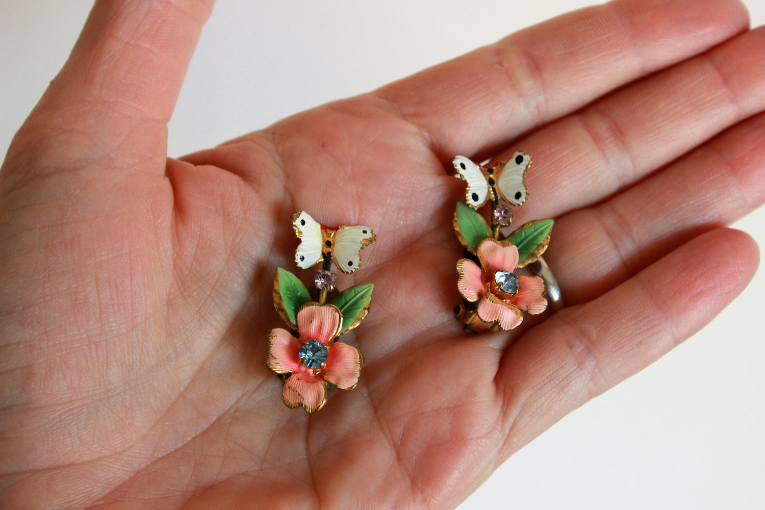 Vintage 1950s Austrian Crystal Butterfly and Flower Earrings