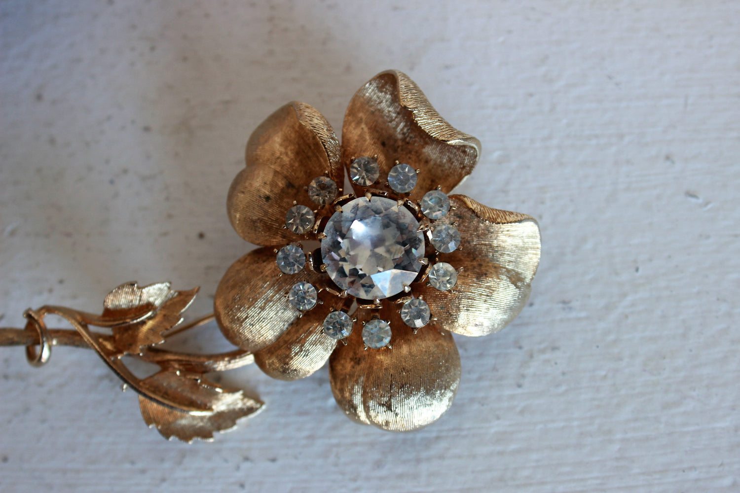 Vintage 1960s Coro Signed Gold Rose With Rhinestone Center Brooch