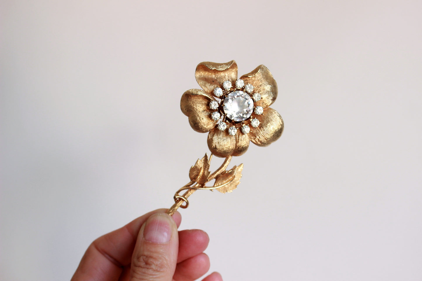 Vintage 1960s Coro Signed Gold Rose With Rhinestone Center Brooch