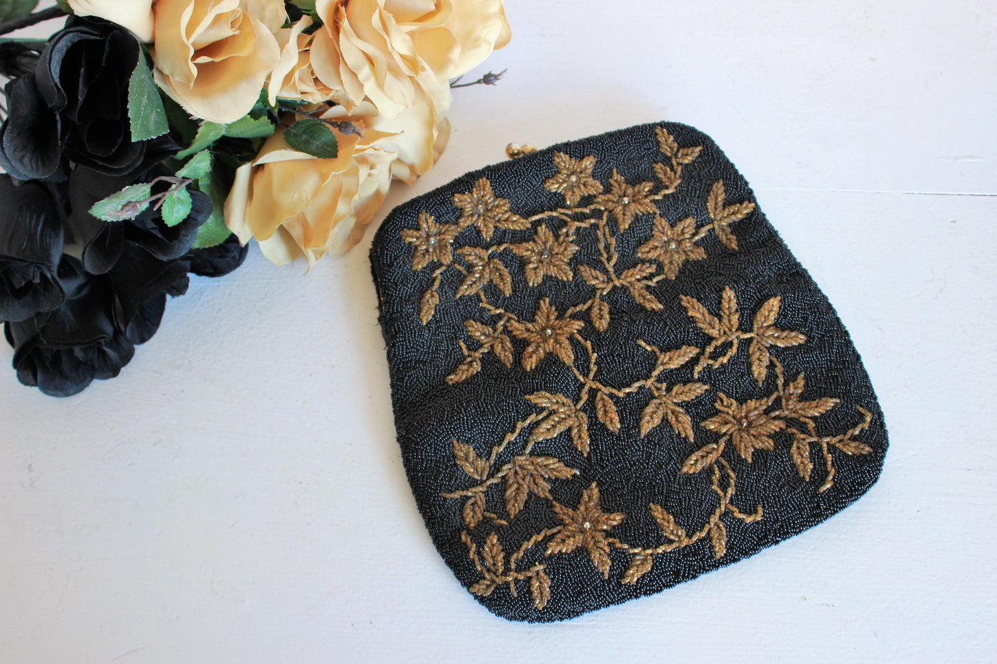Vintage 1950s Beaded Clutch Bag With Golden Flowers